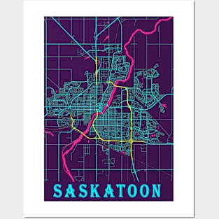 Saskatoon Neon City Map, Saskatoon Minimalist City Map Art Print Posters and Art